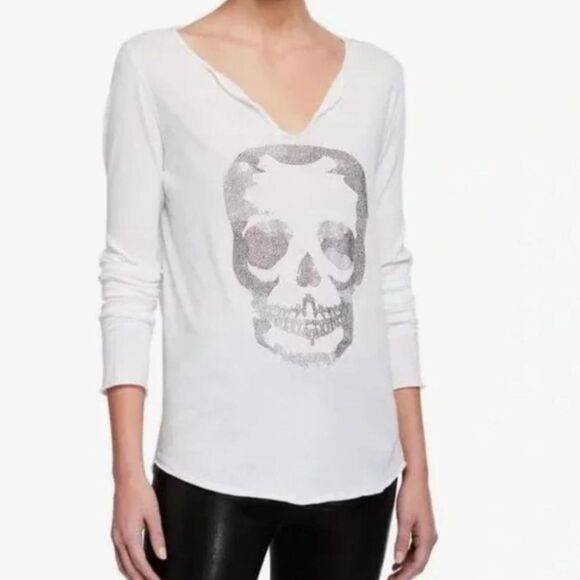 Zadig & Voltaire Glitter Skull Long Sleeve Henley T-Shirt White Size Small - Picture 1 of 5